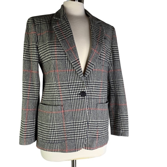 Jones New York Petite Houndstooth Pattern Lined Wool Blazer With Pockets Size 8 - Picture 1 of 14